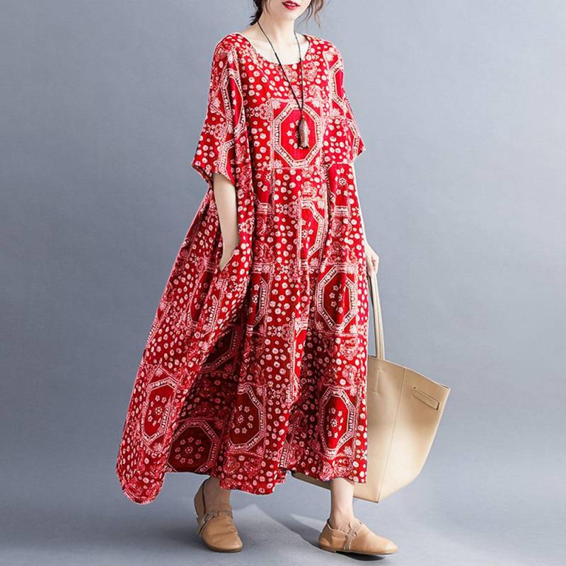 Damen Lockeres Kleid Print O Hals Halbarm Tasche Vintage Übergroßes Kleid Urlaub Boho Kleid One Size von Joom DACH