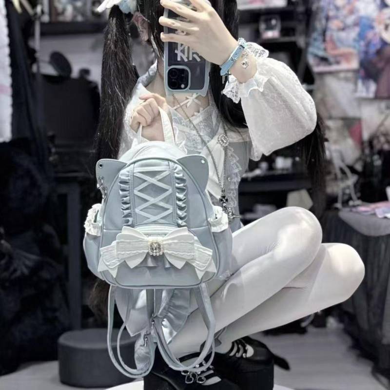Damen Lolita Schwarz Rosa Süßer Japanischer Spitzenbogen Katzenohr Rucksack Student Niedlich Leder Schultertasche Schultaschen One size blau von Joom DACH
