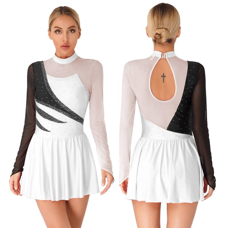 Damen Lyrical Kleid für zeitgenössischen Tanz, Eiskunstlauf-Kleid, glänzendes Strass-Farbblock-Patchwork-Kleid S weiß von Joom DACH