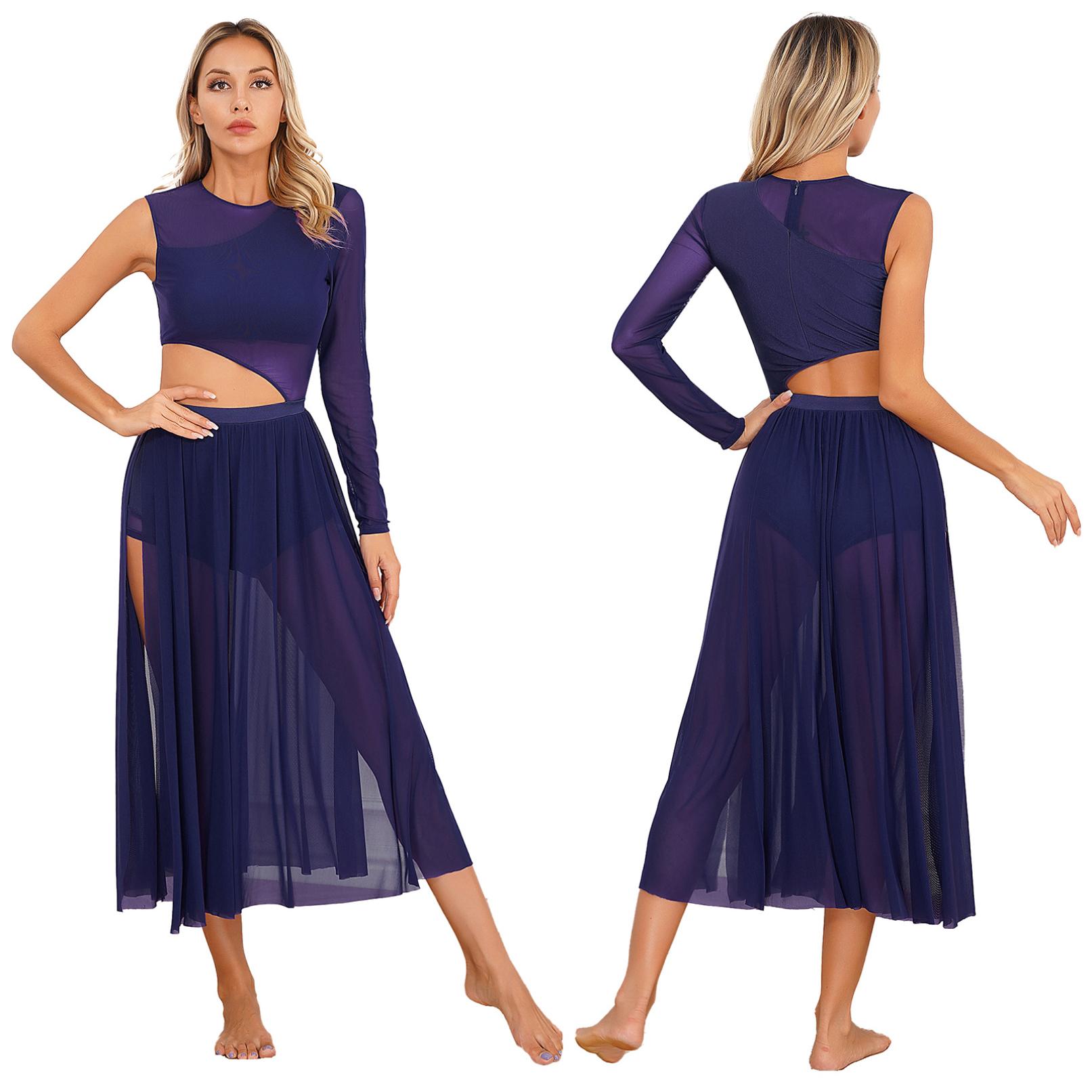 Damen Lyrical Modern Contemporary Dance Leotard Patchwork Side Split Mesh Dress Flowy Kostüm L navy blau von Joom DACH