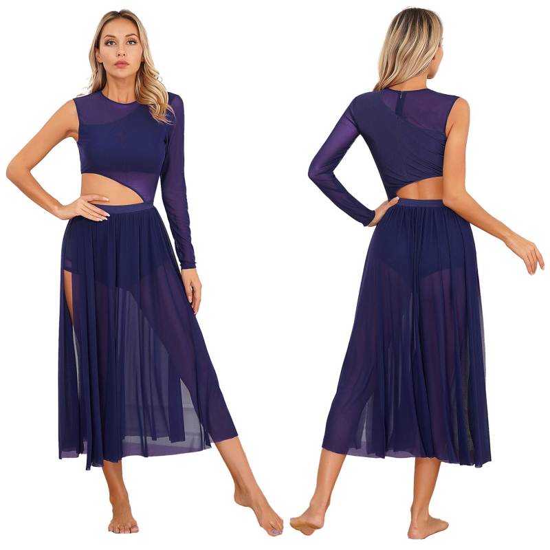 Damen Lyrical Modern Contemporary Dance Leotard Patchwork Side Split Mesh Dress Flowy Kostüm L navy blau von Joom DACH