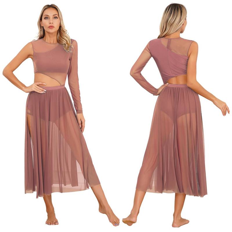 Damen Lyrical Modern Contemporary Dance Leotard Patchwork Side Split Mesh Dress Flowy Kostüm M kaffeebraun von Joom DACH