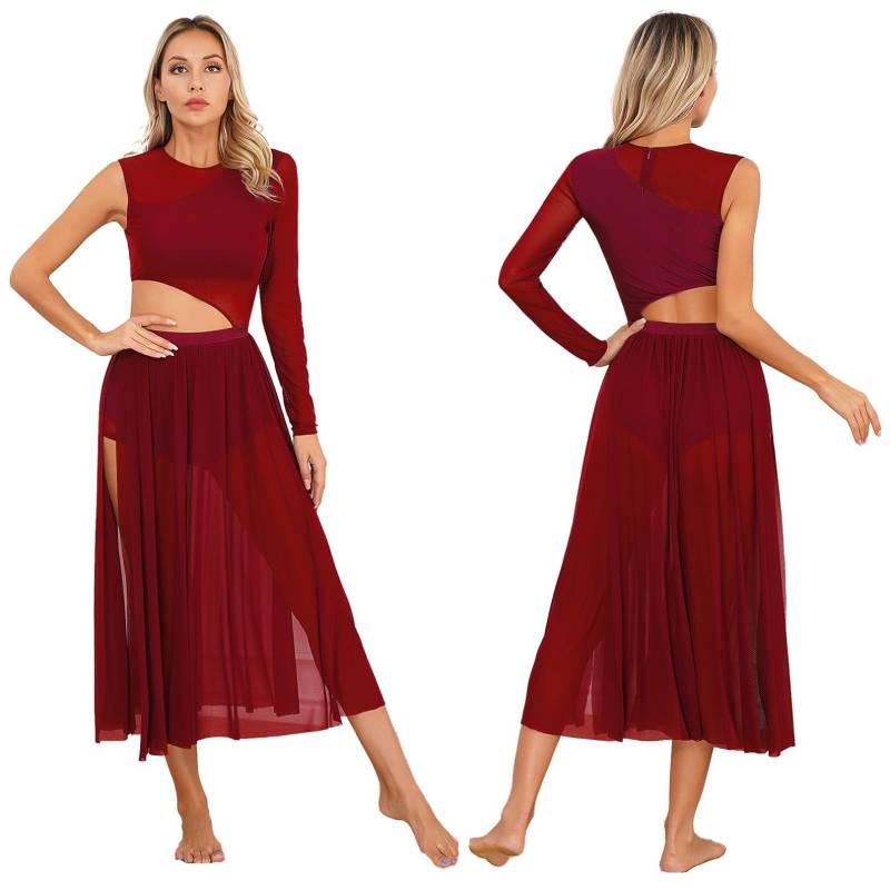 Damen Lyrical Modern Contemporary Dance Leotard Patchwork Side Split Mesh Dress Flowy Kostüm S bordeaux von Joom DACH