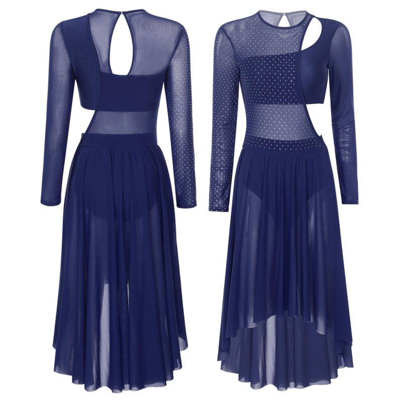 Damen Lyrical Modern Dance Kostüm Langarm Strass Mesh Patchwork Cutout Kleid Ballett Trikot Kleid M navy blau von Joom DACH