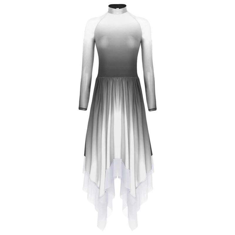 Damen Lyrischer Tanz Farbverlauf Kleid Mesh Langarm Unregelmäßiger Saum Schlüsselloch am Rücken Turnanzug Eiskunstlauf Modernes Kostüm S von Joom DACH