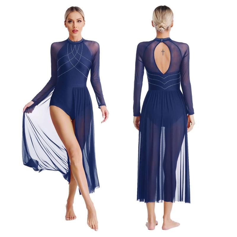 Damen Lyrischer Tanz Kostüm Glitzernde Strasssteine Ballett Modern Gesellschaftstanzkleidung Fließendes langes Kleid mit Schlitz L navy blau von Joom DACH