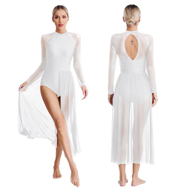 Damen Lyrischer Tanz Kostüm Glitzernde Strasssteine Ballett Modern Gesellschaftstanzkleidung Fließendes langes Kleid mit Schlitz M weiß von Joom DACH