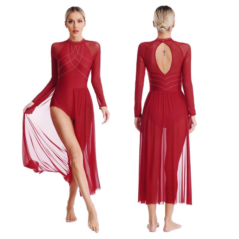 Damen Lyrischer Tanz Kostüm Glitzernde Strasssteine Ballett Modern Gesellschaftstanzkleidung Fließendes langes Kleid mit Schlitz S bordeaux von Joom DACH