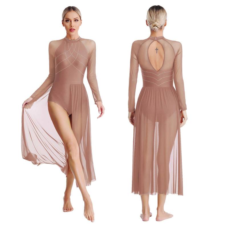 Damen Lyrischer Tanz Kostüm Glitzernde Strasssteine Ballett Modern Gesellschaftstanzkleidung Fließendes langes Kleid mit Schlitz XL braun von Joom DACH