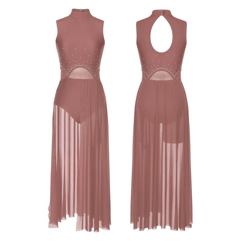 Damen Lyrischer Tanz Kostüme Ärmelloses Patchwork Maxi Langes Kleid Moderne Zeitgenössische Tanzbekleidung S hellbraune von Joom DACH