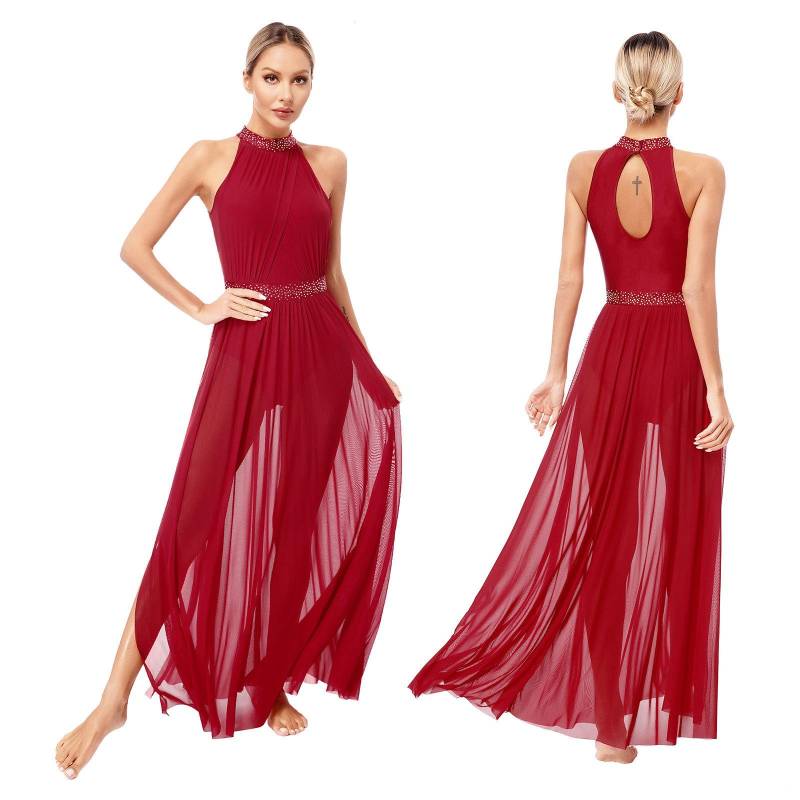 Damen Lyrisches Modernes Zeitgenössisches Tanzkostüm Ärmelloses Trikot Maxi Tanzkleid M bordeaux von Joom DACH
