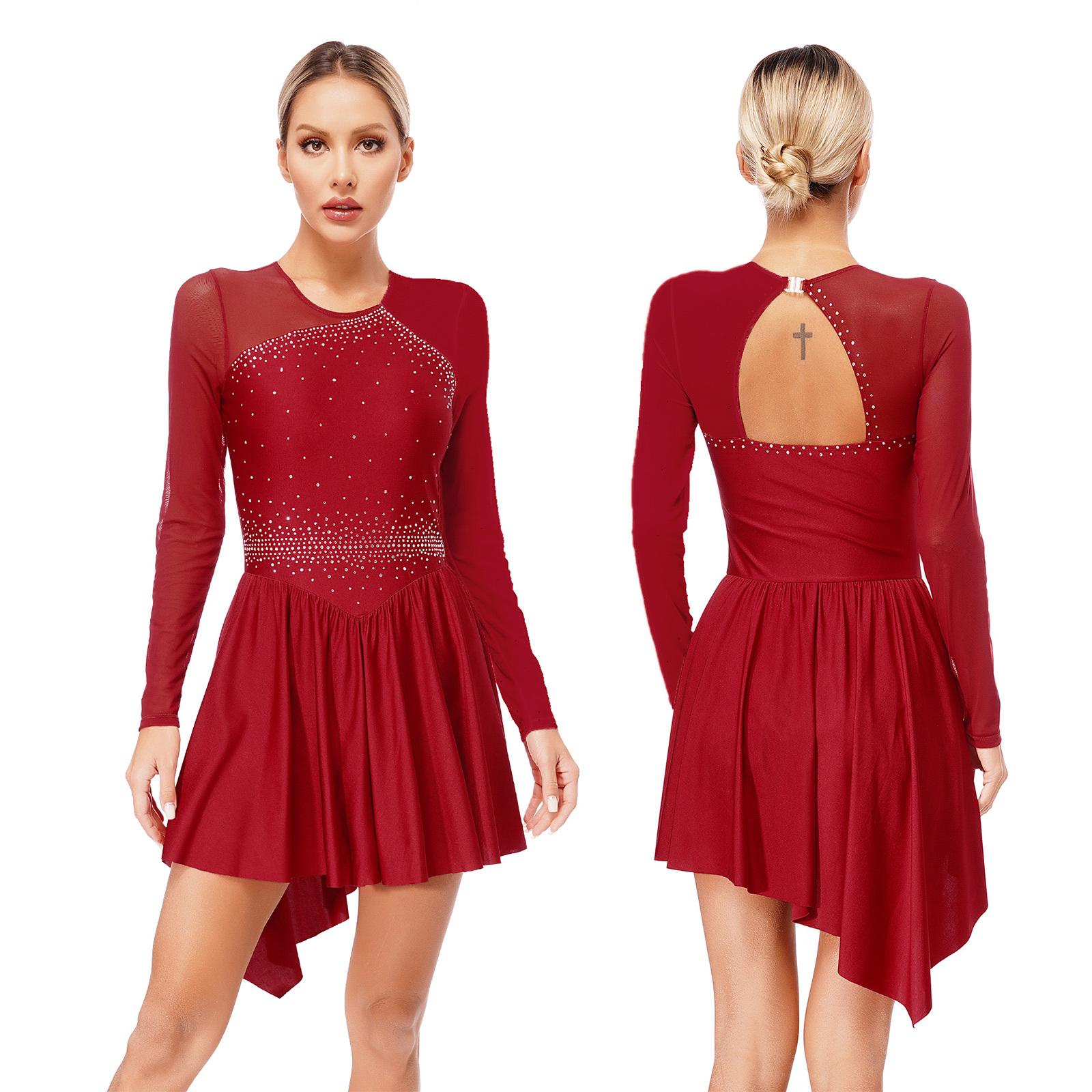 Damen Lyrisches Tanzkleid, Moderne Zeitgenössische Tanzbekleidung, Eiskunstlaufkostüm, Pailletten-Tanktop, Trikot, Mesh-Splice-Tüllrock M bordeaux von Joom DACH