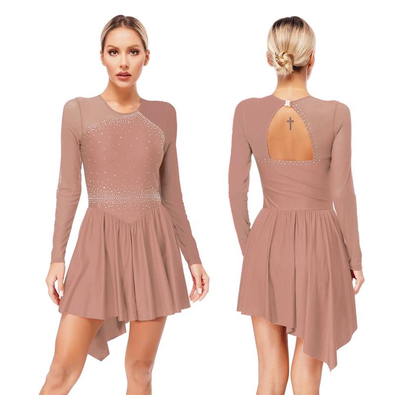 Damen Lyrisches Tanzkleid, Moderne Zeitgenössische Tanzbekleidung, Eiskunstlaufkostüm, Pailletten-Tanktop, Trikot, Mesh-Splice-Tüllrock M hellbraune von Joom DACH