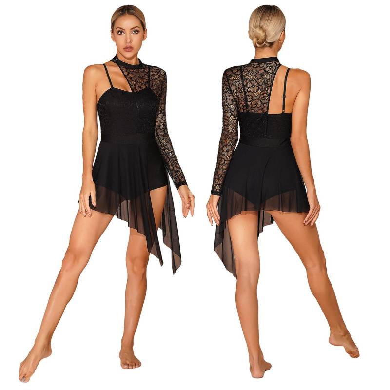 Damen Lyrisches Tanzkleid, One-Shoulder-Modern Ballettkostüm, asymmetrischer Saum, Trikotkleid L schwarz von Joom DACH