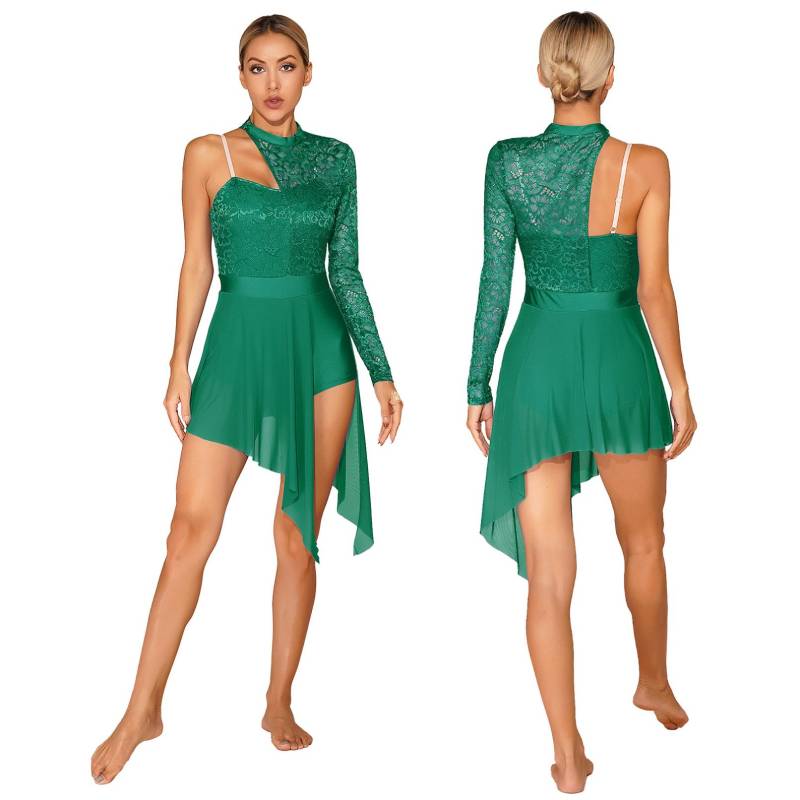 Damen Lyrisches Tanzkleid, One-Shoulder-Modern Ballettkostüm, asymmetrischer Saum, Trikotkleid M grün von Joom DACH