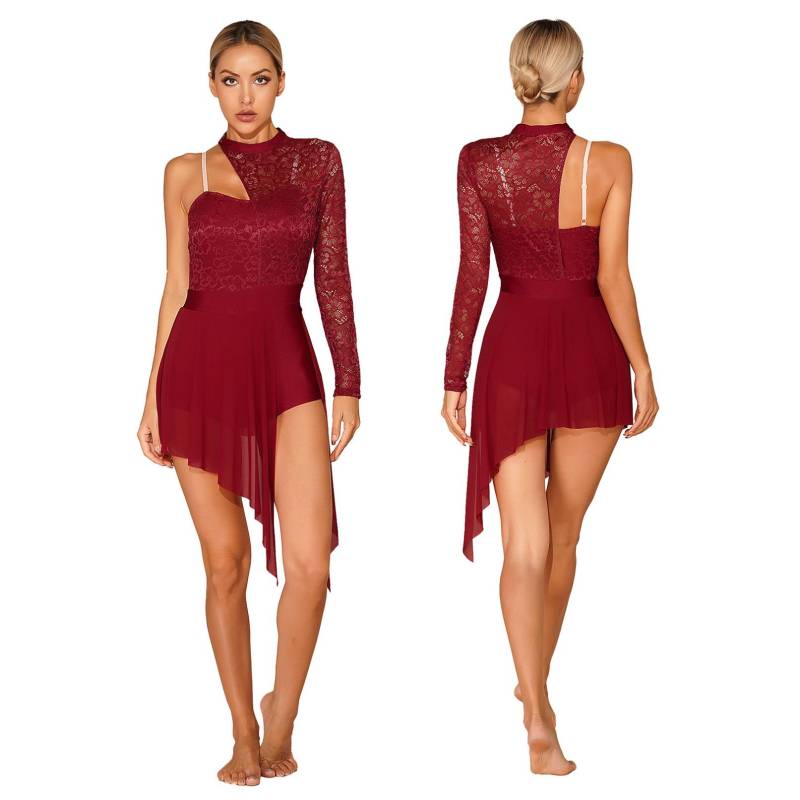 Damen Lyrisches Tanzkleid, One-Shoulder-Modern Ballettkostüm, asymmetrischer Saum, Trikotkleid XL bordeaux von Joom DACH