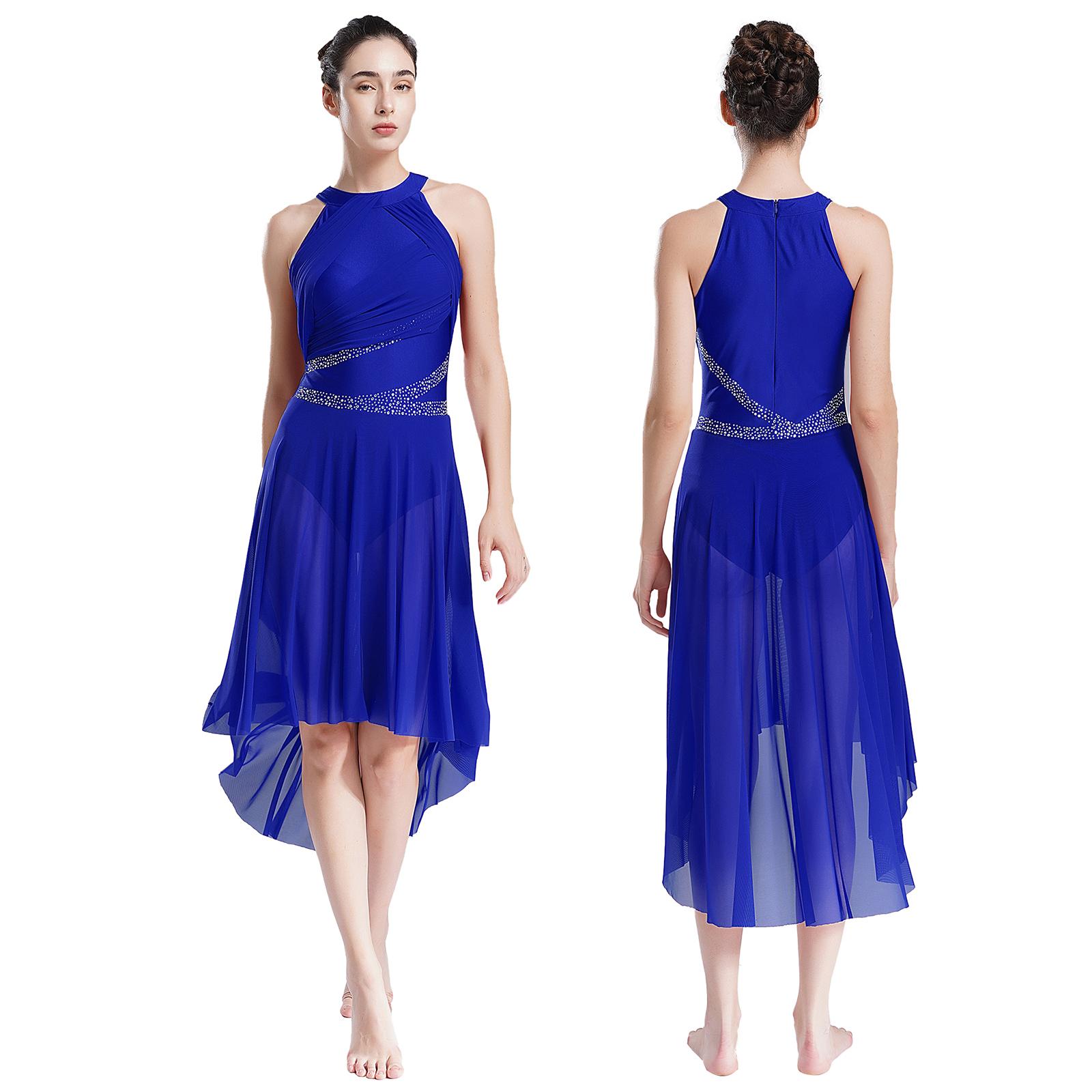 Damen Lyrisches Tanzkleid, ärmellos, asymmetrischer Saum, glitzernde Strasssteine, gerüschtes Kleid M blau von Joom DACH