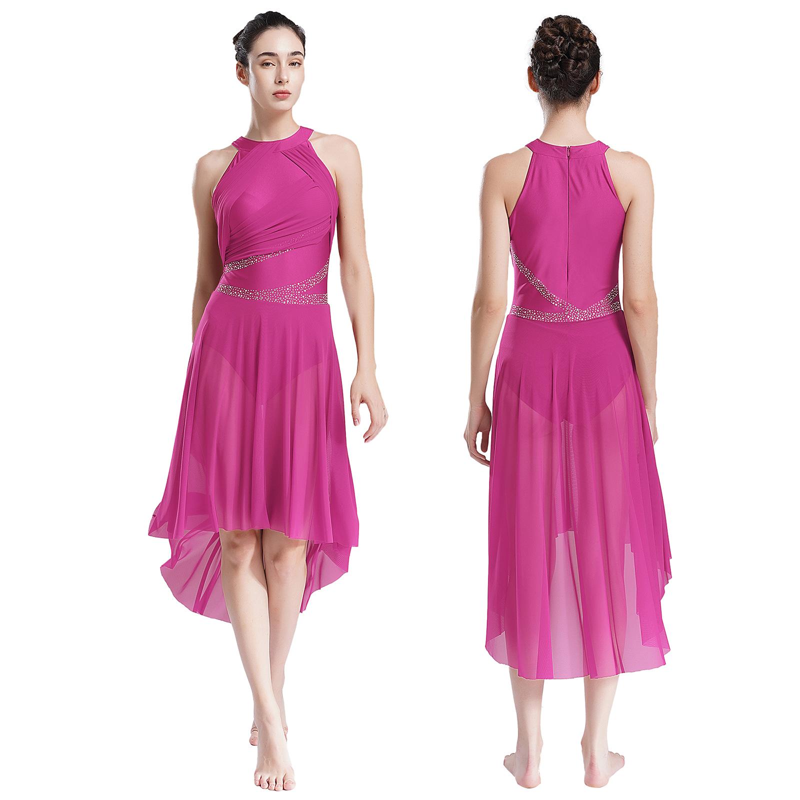Damen Lyrisches Tanzkleid, ärmellos, asymmetrischer Saum, glitzernde Strasssteine, gerüschtes Kleid M heißes rosa von Joom DACH