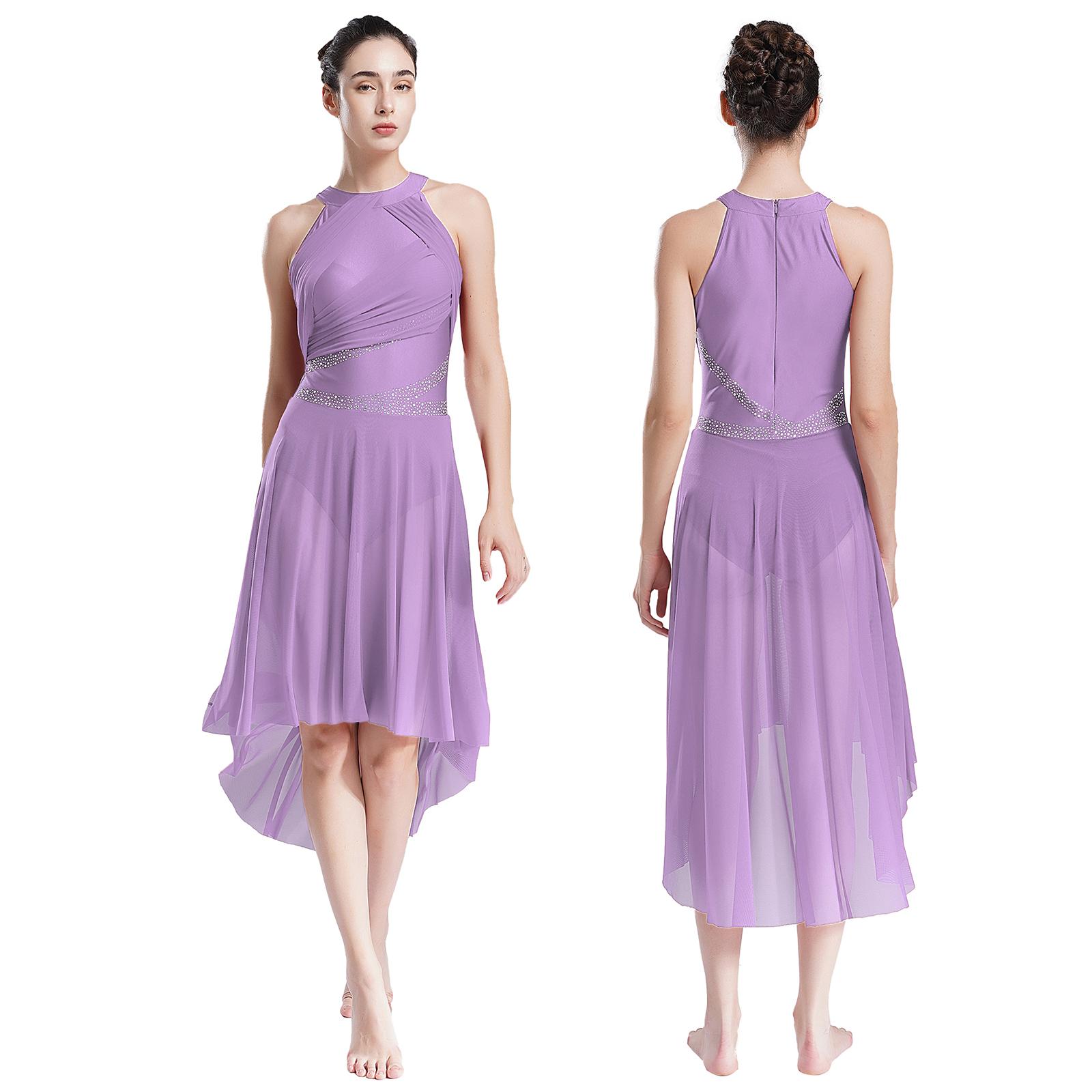 Damen Lyrisches Tanzkleid, ärmellos, asymmetrischer Saum, glitzernde Strasssteine, gerüschtes Kleid S licht lila von Joom DACH