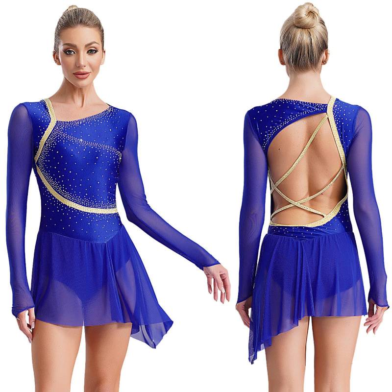 Damen Lyrisches Tanzkleid Durchsichtiges Netz Lange Ärmel Rückenfrei Strass Asymmetrischer Rock Eiskunstlaufkleid M von Joom DACH