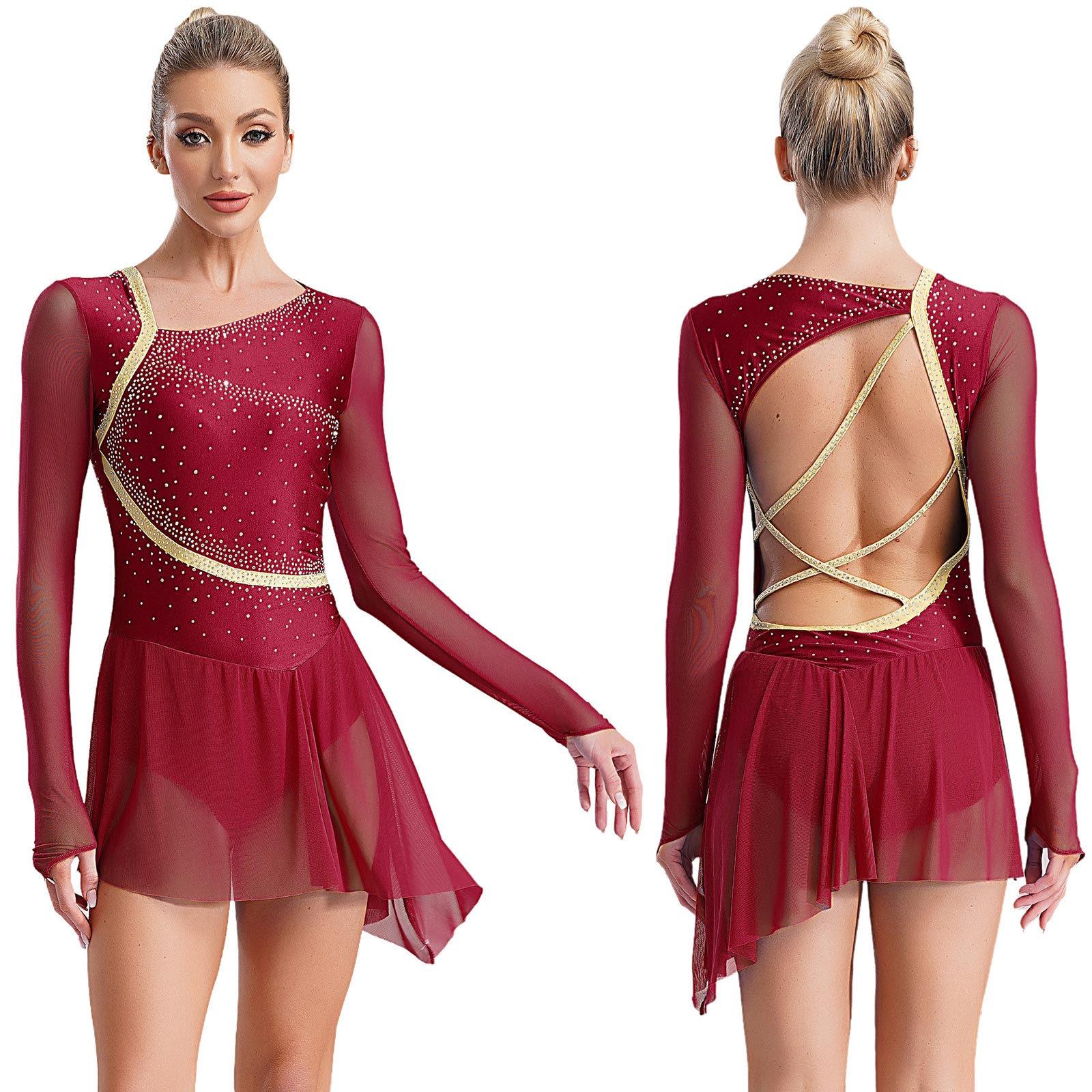 Damen Lyrisches Tanzkleid Durchsichtiges Netz Lange Ärmel Rückenfrei Strass Asymmetrischer Rock Eiskunstlaufkleid XL bordeaux von Joom DACH
