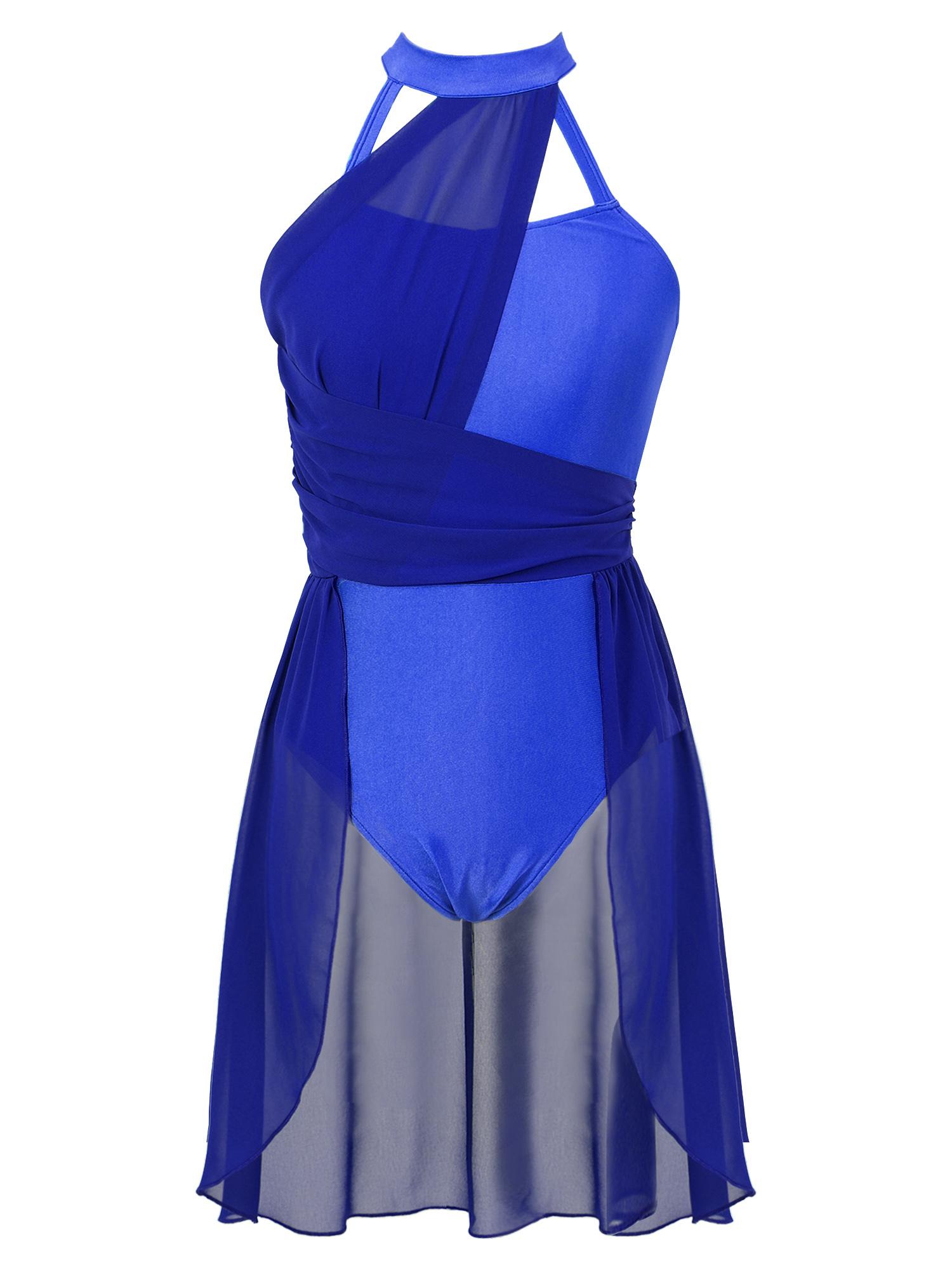 Damen Lyrisches Tanzkleid Gerafftes Chiffon-Design Riemchendetail am Rücken Ärmelloser Body Bühnenbekleidung S königsblau von Joom DACH