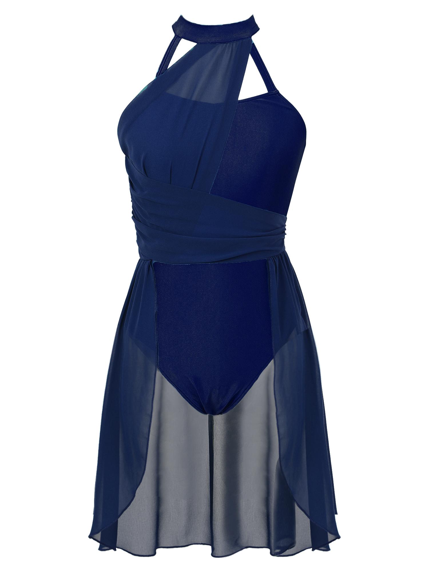 Damen Lyrisches Tanzkleid Gerafftes Chiffon-Design Riemchendetail am Rücken Ärmelloser Body Bühnenbekleidung navy blau von Joom DACH