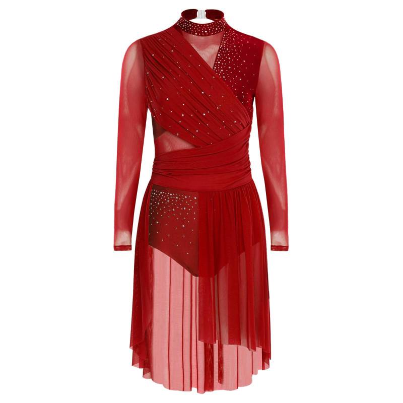 Damen Lyrisches Tanzkleid Langarm Gerafftes Rückenfreies Design Glitzernde Strasssteine Einteiliger Trikot L bordeaux von Joom DACH