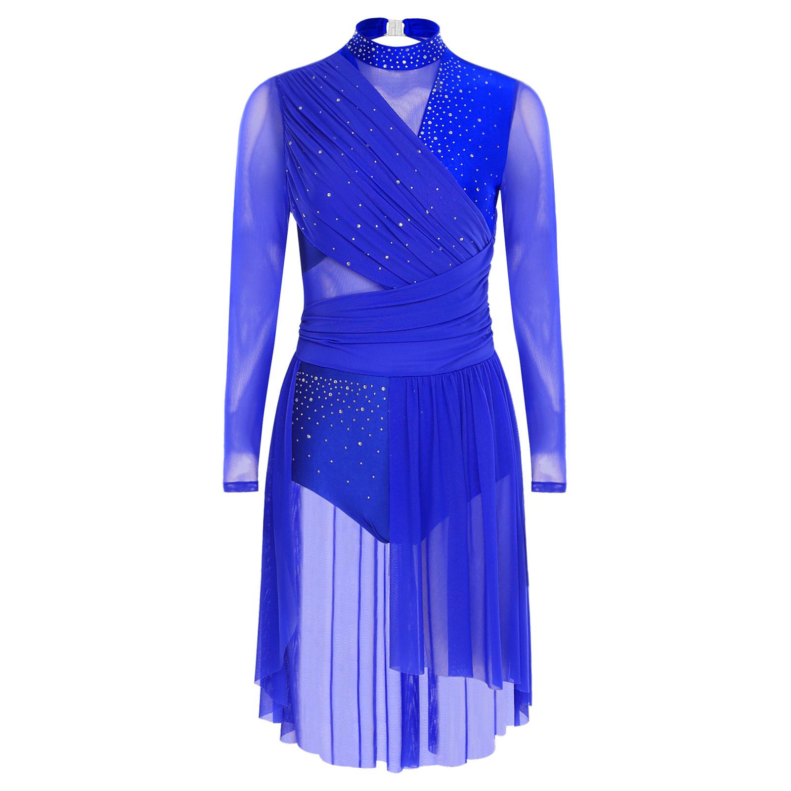 Damen Lyrisches Tanzkleid Langarm Gerafftes Rückenfreies Design Glitzernde Strasssteine Einteiliger Trikot M königsblau von Joom DACH