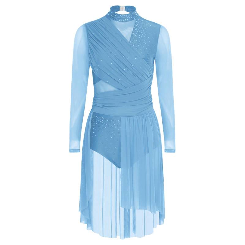 Damen Lyrisches Tanzkleid Langarm Gerafftes Rückenfreies Design Glitzernde Strasssteine Einteiliger Trikot M blau von Joom DACH