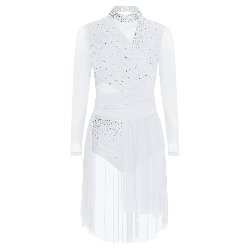 Damen Lyrisches Tanzkleid Langarm Gerafftes Rückenfreies Design Glitzernde Strasssteine Einteiliger Trikot von Joom DACH