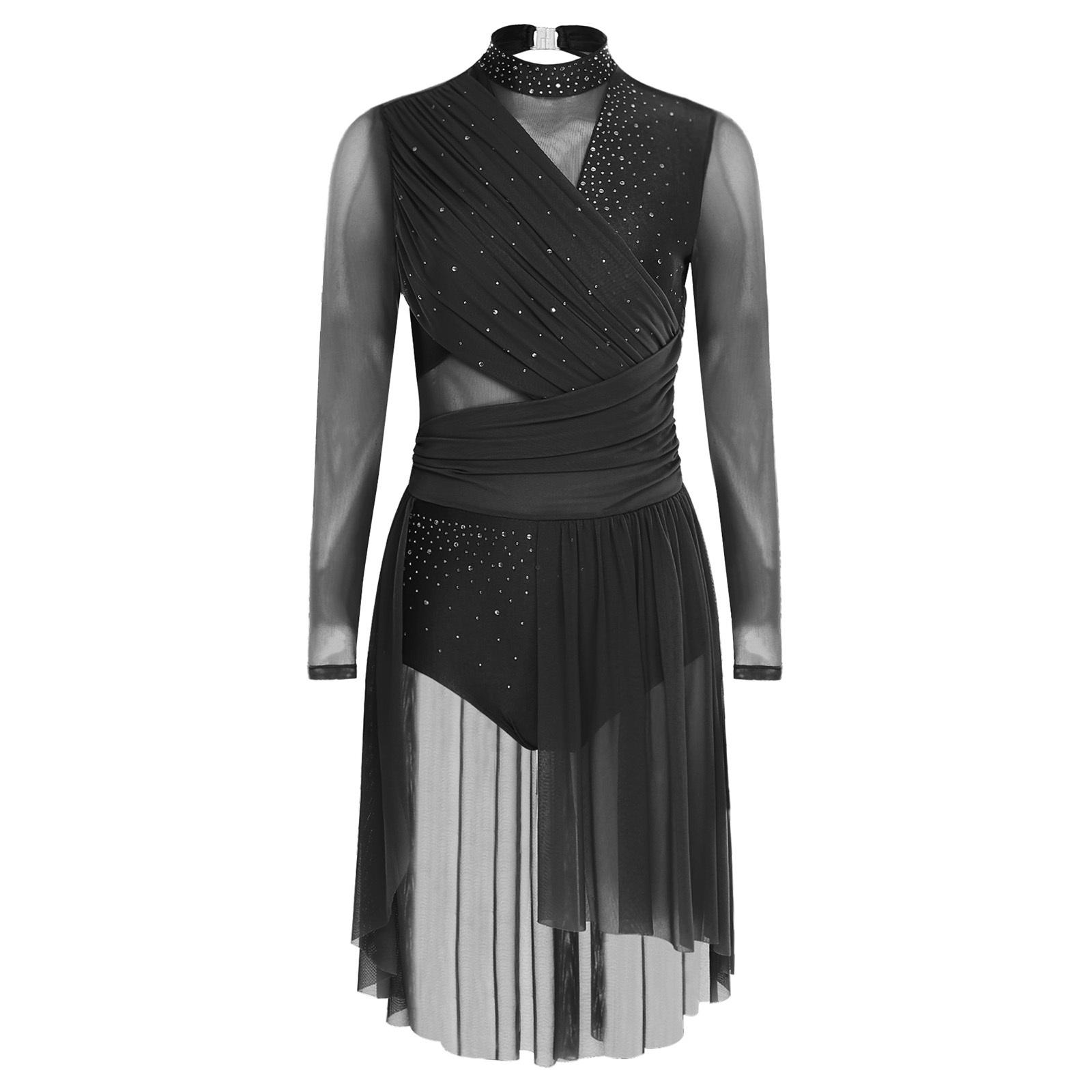 Damen Lyrisches Tanzkleid Langarm Gerafftes Rückenfreies Design Glitzernde Strasssteine Einteiliger Trikot von Joom DACH