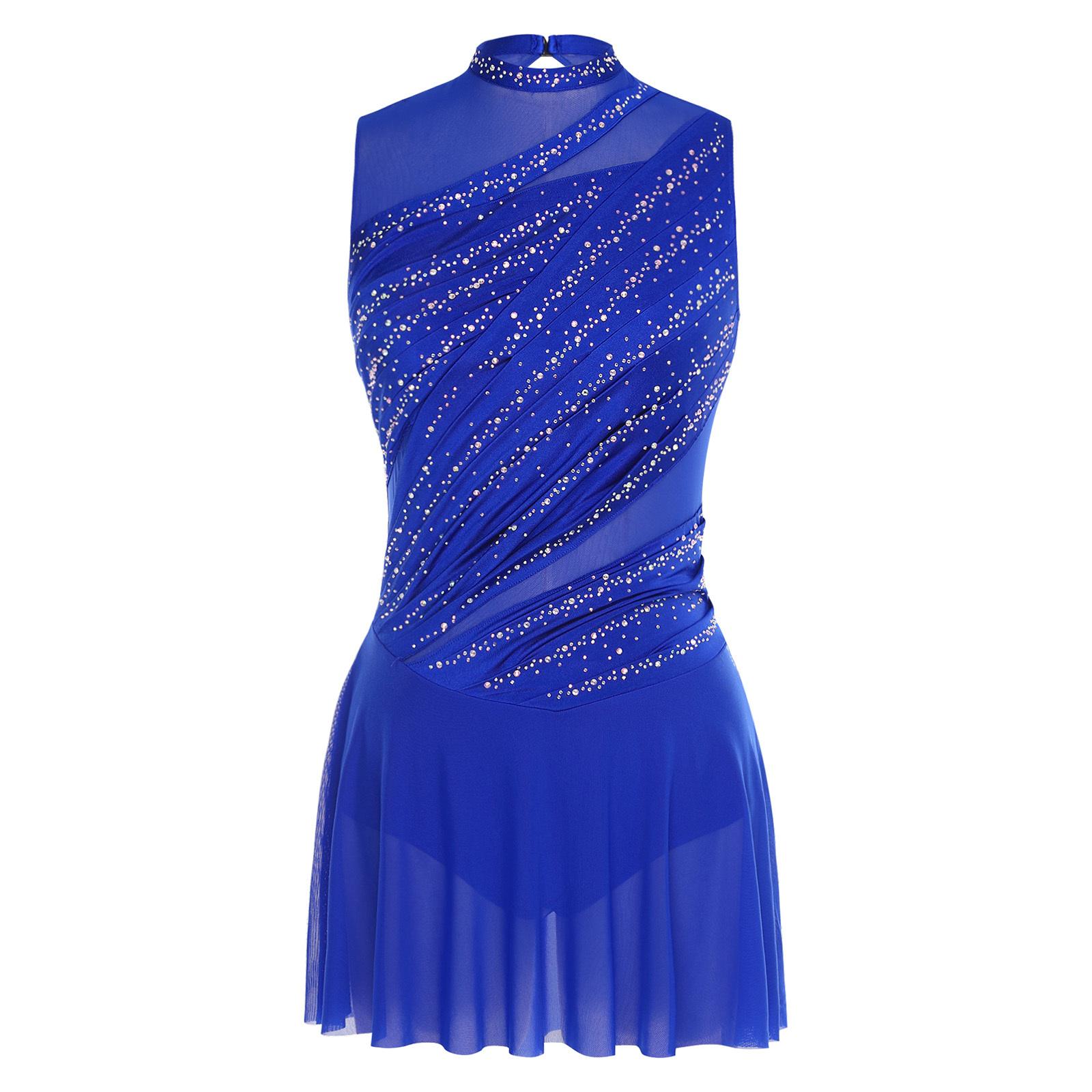 Damen Lyrisches Tanzkleid Rundhals Ärmellos Gerafftes Design Strassverziert Rückenfrei Auftrittskleid M königsblau von Joom DACH