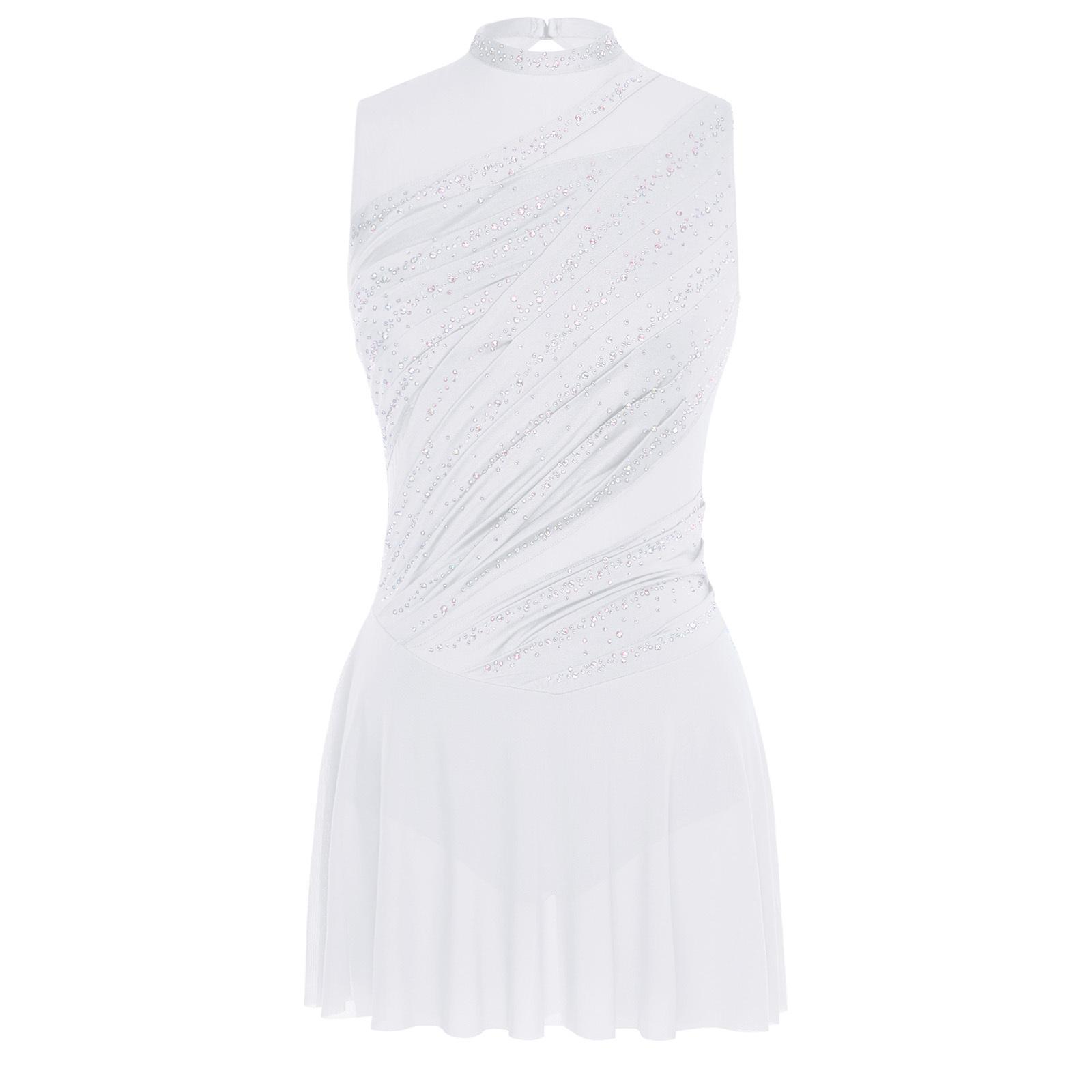 Damen Lyrisches Tanzkleid Rundhals Ärmellos Gerafftes Design Strassverziert Rückenfrei Auftrittskleid S weiß von Joom DACH