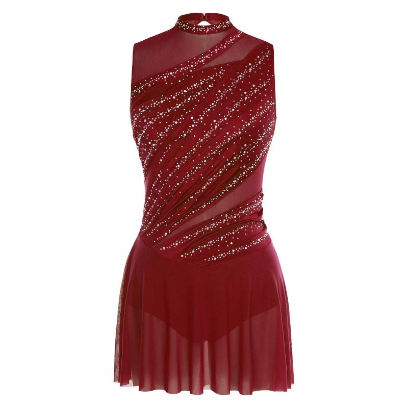 Damen Lyrisches Tanzkleid Rundhals Ärmellos Gerafftes Design Strassverziert Rückenfrei Auftrittskleid S bordeaux von Joom DACH