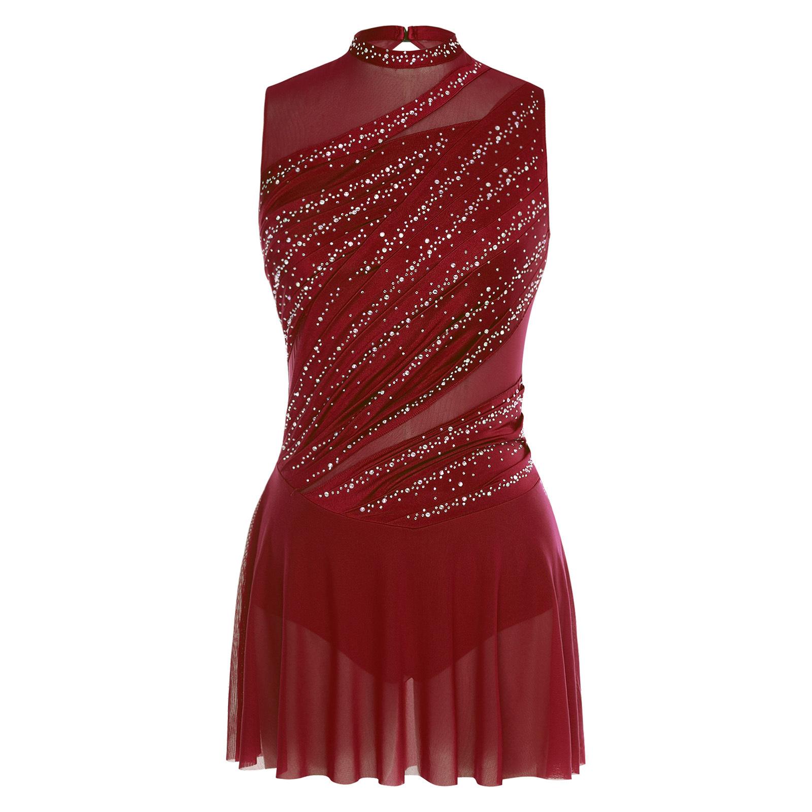 Damen Lyrisches Tanzkleid Rundhals Ärmellos Gerafftes Design Strassverziert Rückenfrei Auftrittskleid XXL bordeaux von Joom DACH