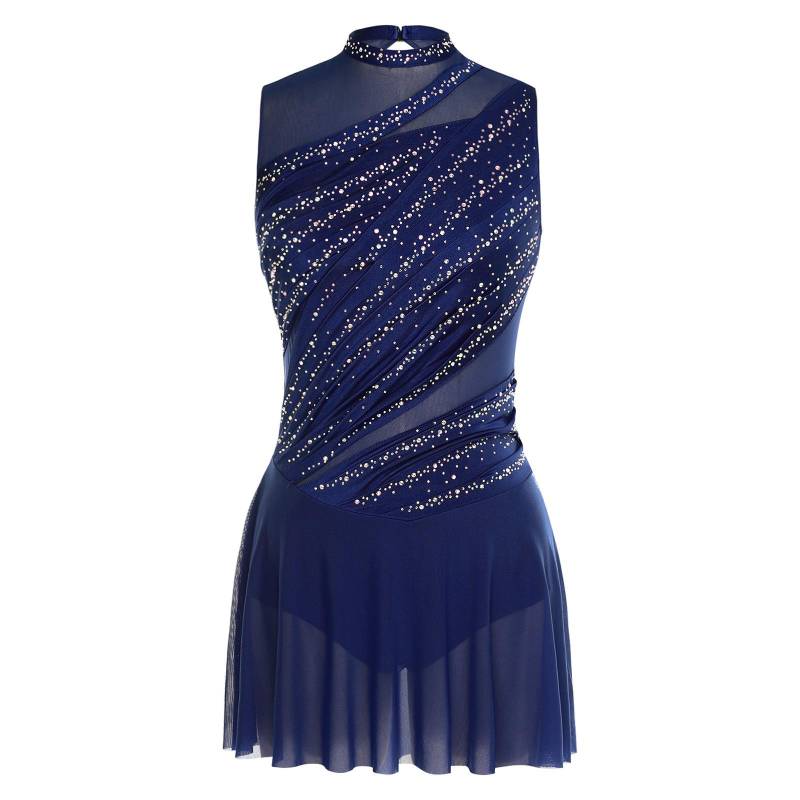 Damen Lyrisches Tanzkleid Rundhals Ärmellos Gerafftes Design Strassverziert Rückenfrei Auftrittskleid XXL navy blau von Joom DACH
