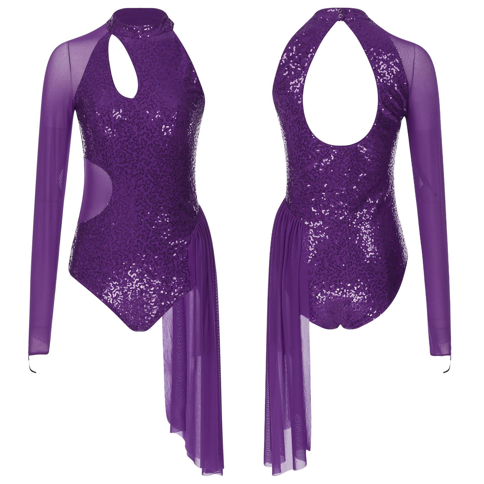 Damen Lyrisches Tanzkleid für Erwachsene, modernes zeitgenössisches Kostüm, Pailletten, Netzrock, Ballett-Tanzkleidung, Leistung L violett von Joom DACH