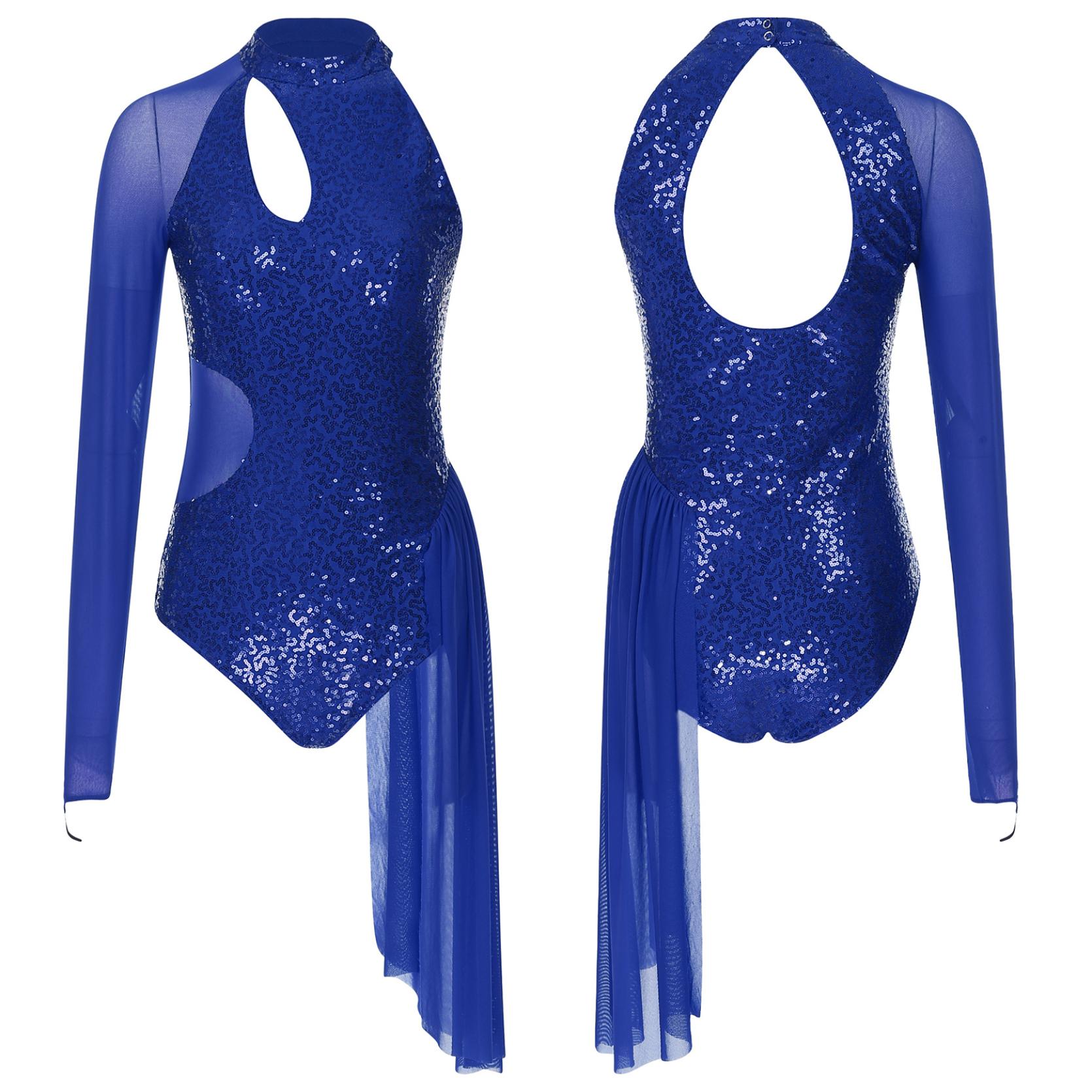 Damen Lyrisches Tanzkleid für Erwachsene, modernes zeitgenössisches Kostüm, Pailletten, Netzrock, Ballett-Tanzkleidung, Leistung S königsblau von Joom DACH
