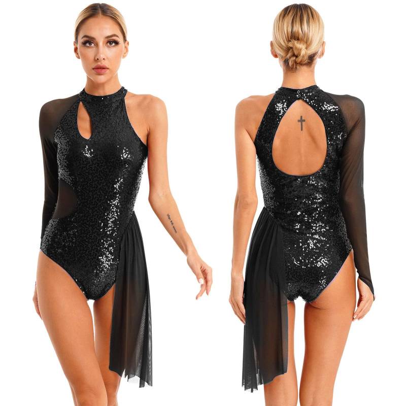 Damen Lyrisches Tanzkleid für Erwachsene, modernes zeitgenössisches Kostüm, Pailletten, Netzrock, Ballett-Tanzkleidung, Leistung S schwarz von Joom DACH