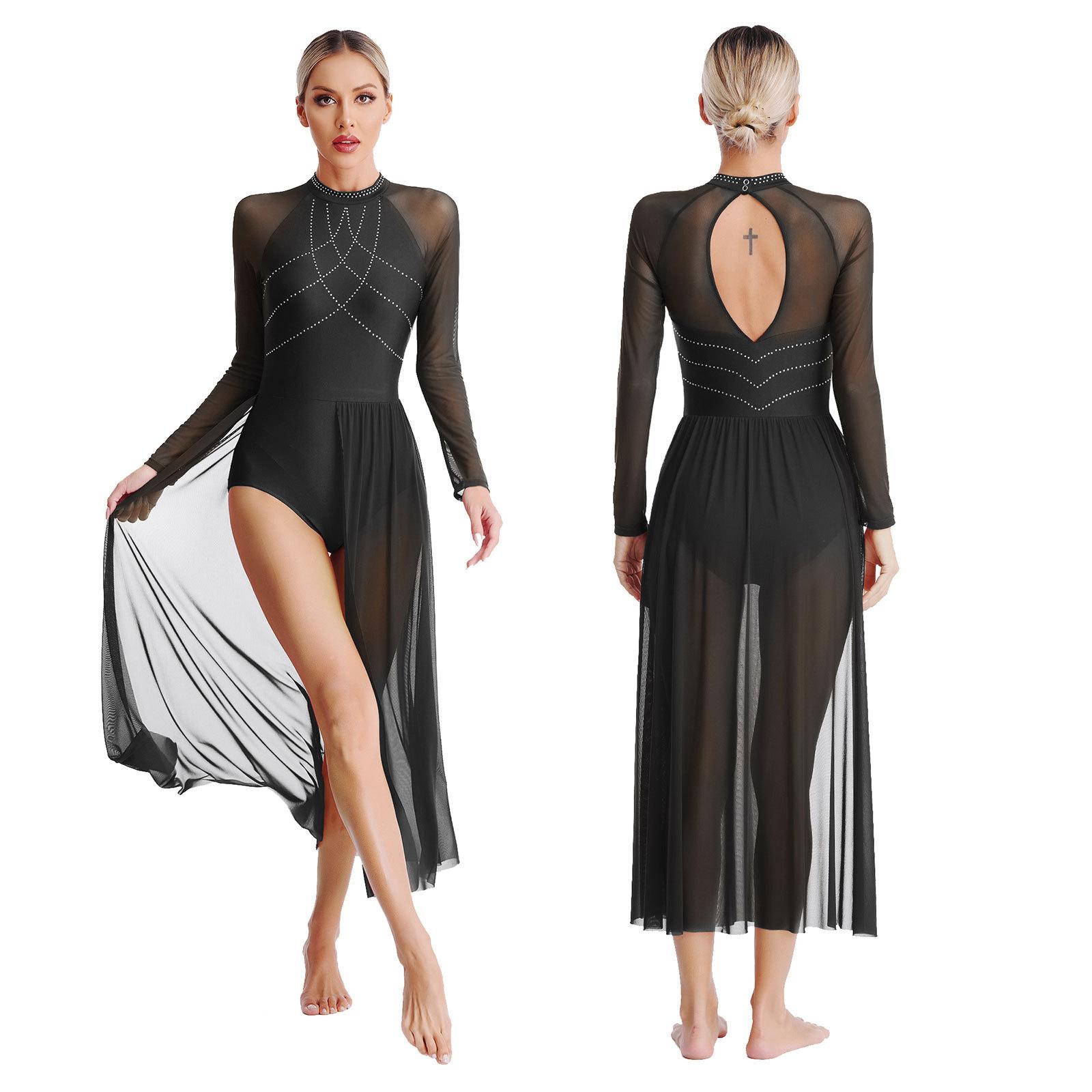 Damen Lyrisches Tanzkostüm, glitzernde Strasssteine, transparentes Netz-Patchwork, fließendes Maxikleid mit Schlitz, Schlüsselloch-Rücken, langärmelige Turnanzugkleider mit Rollkragen M schwarz von Joom DACH