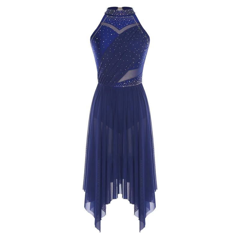 Damen Lyrisches Tanzkostüm Glitzer Strass Unregelmäßiger Netz Rüschenrock Eingebauter Slip Kleid S navy blau von Joom DACH