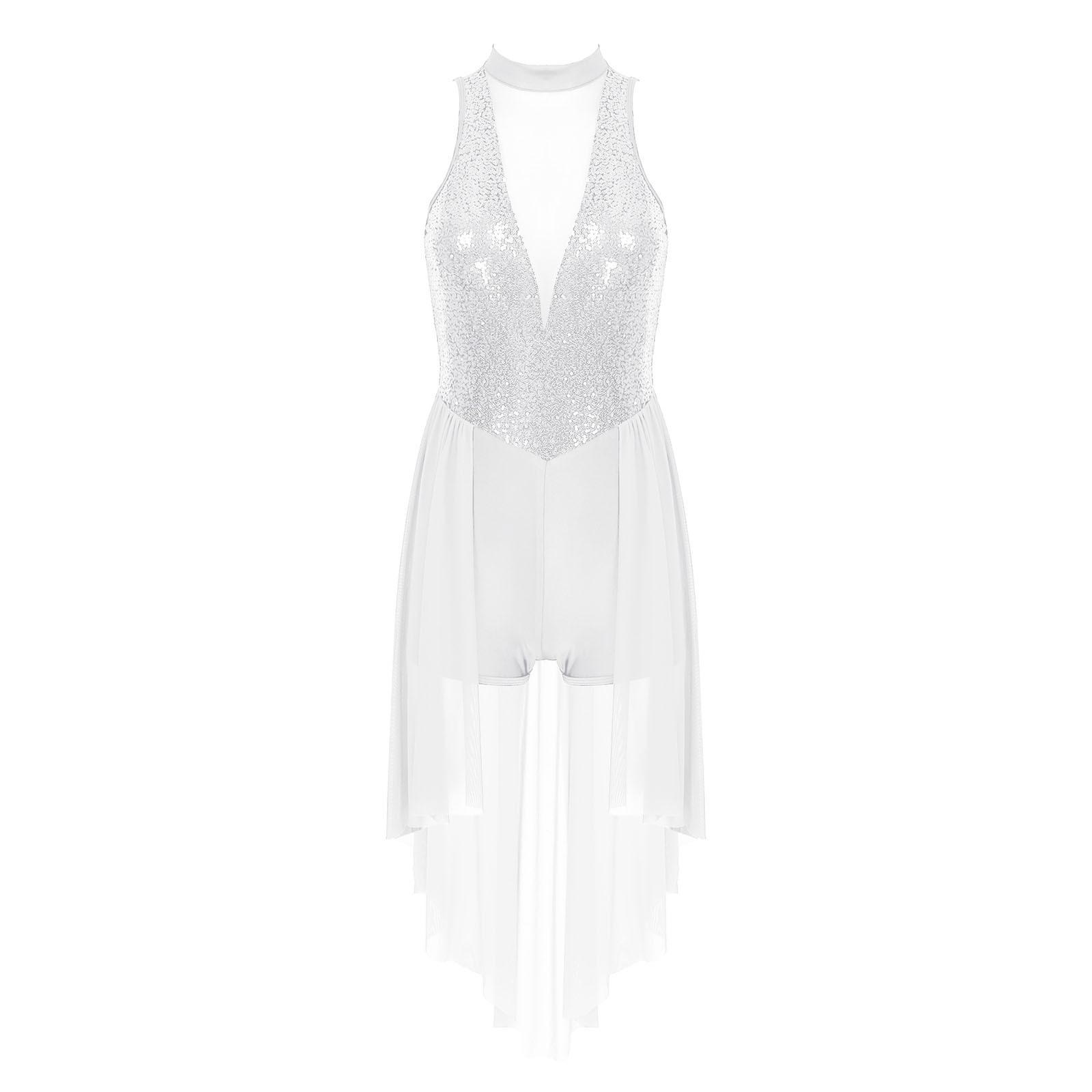 Damen Lyrisches Tanzkostüm Glitzernde Pailletten Stehkragen Ärmelloser Netzrock Trikot Bühnenkleidung L weiß von Joom DACH