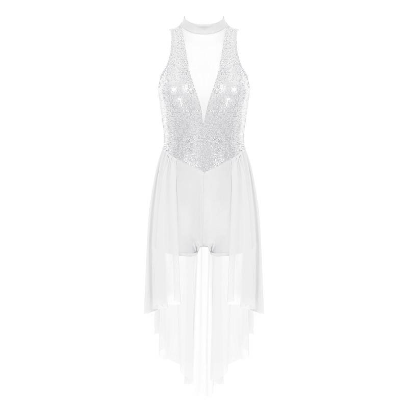 Damen Lyrisches Tanzkostüm Glitzernde Pailletten Stehkragen Ärmelloser Netzrock Trikot Bühnenkleidung L weiß von Joom DACH