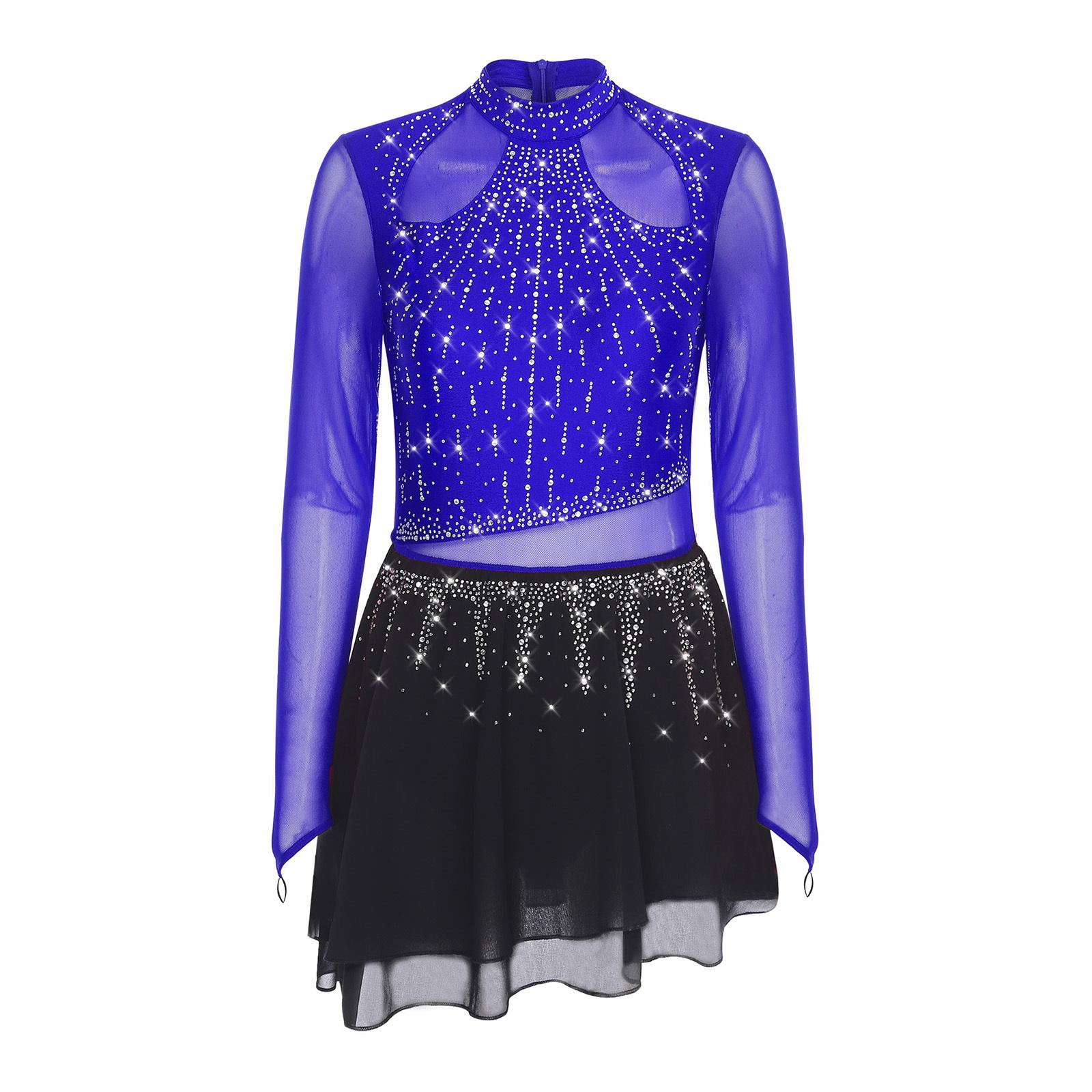 Damen Lyrisches Tanzleotards Kleid Strass Langarm Chiffonrock Body Eiskunstlauf Modernes Kostüm S königsblau von Joom DACH