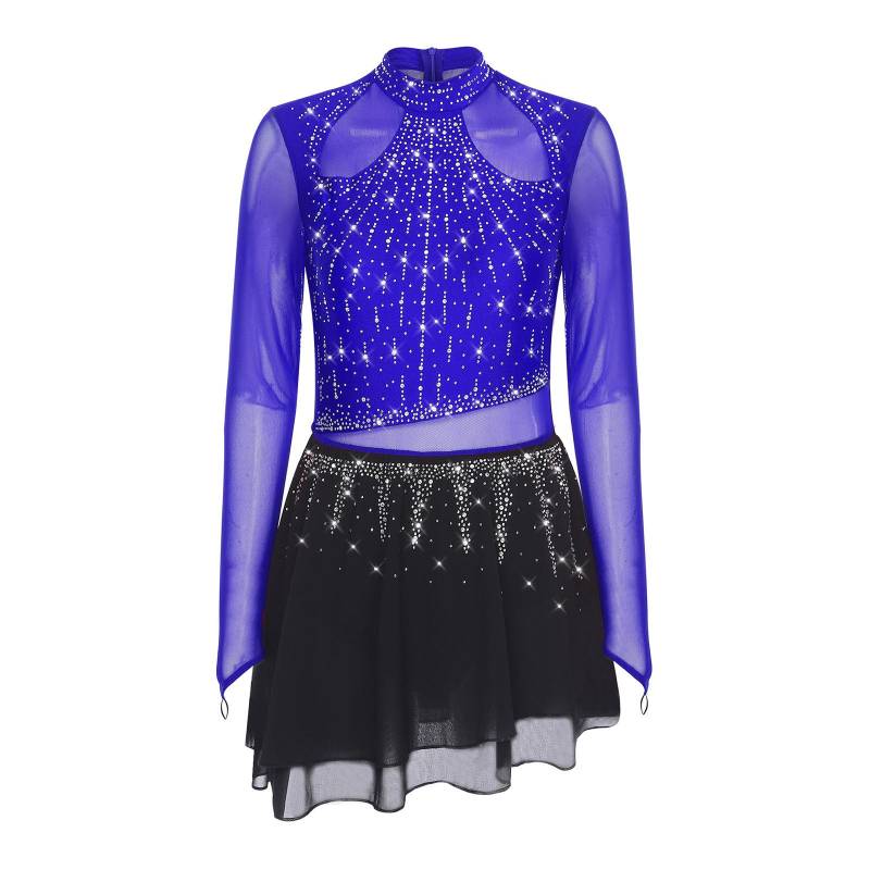 Damen Lyrisches Tanzleotards Kleid Strass Langarm Chiffonrock Body Eiskunstlauf Modernes Kostüm S königsblau von Joom DACH