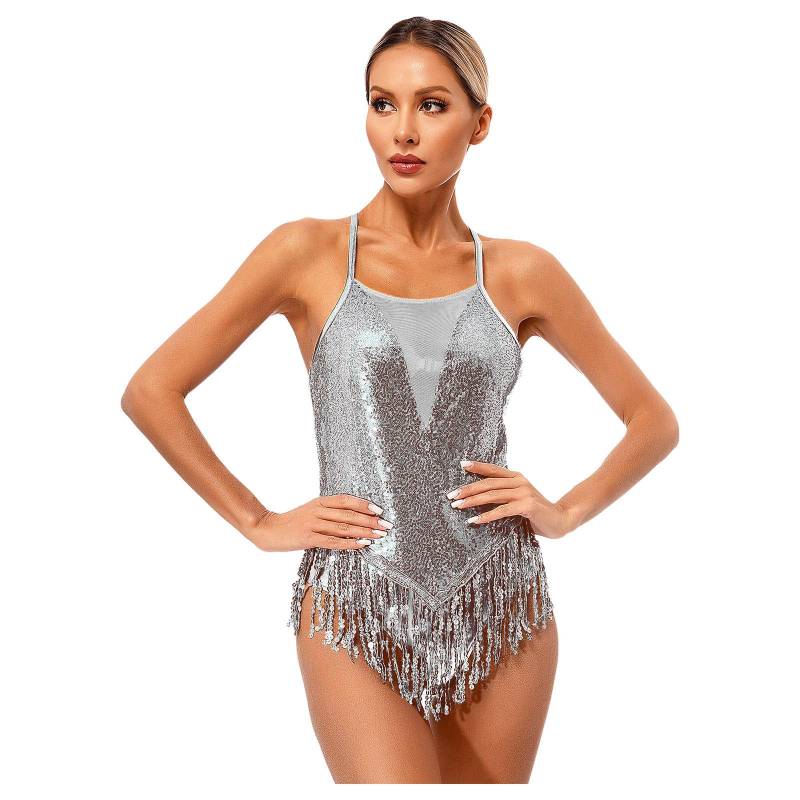 Damen Mädchen Gymnastik Cheerleading Tanzbekleidung Glitzernde Pailletten Quaste Fransen Leibchen Trikot Bodysuit Ballsaal Latein Jazz Dance Kostüm S silber von Joom DACH