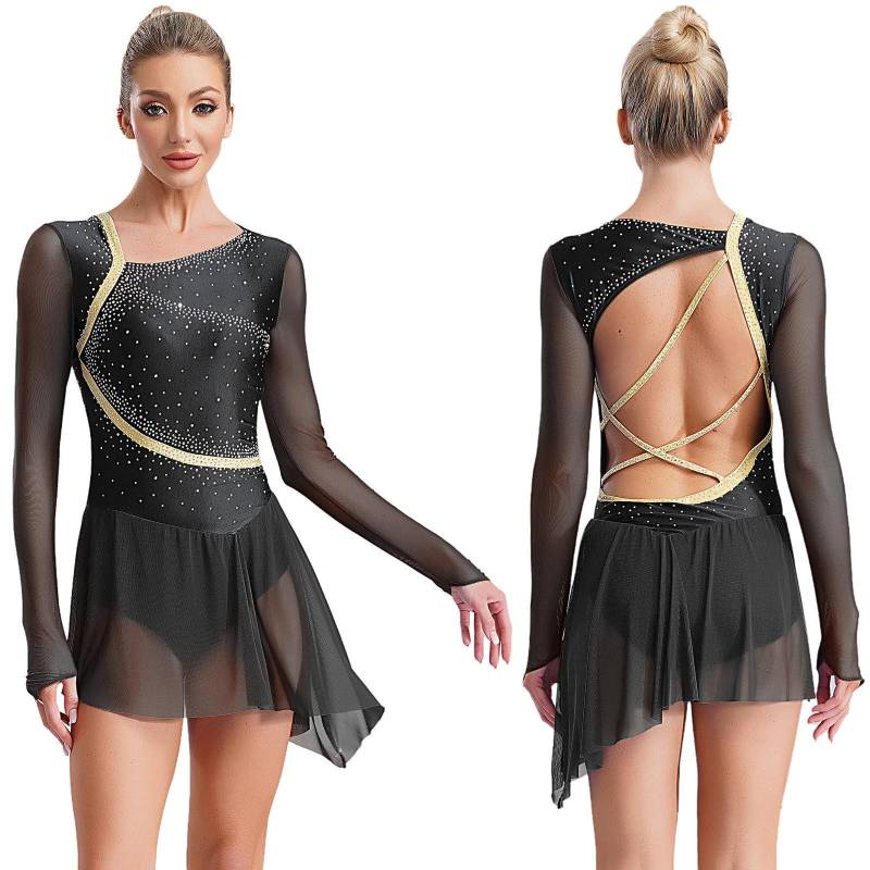 Damen Mädchen Modern Lyrical Ballet Tanzkleid Langarm Gymnastik Akrobatik Eiskunstlauf Trikots Cut Out Back Kleid L schwarz von Joom DACH