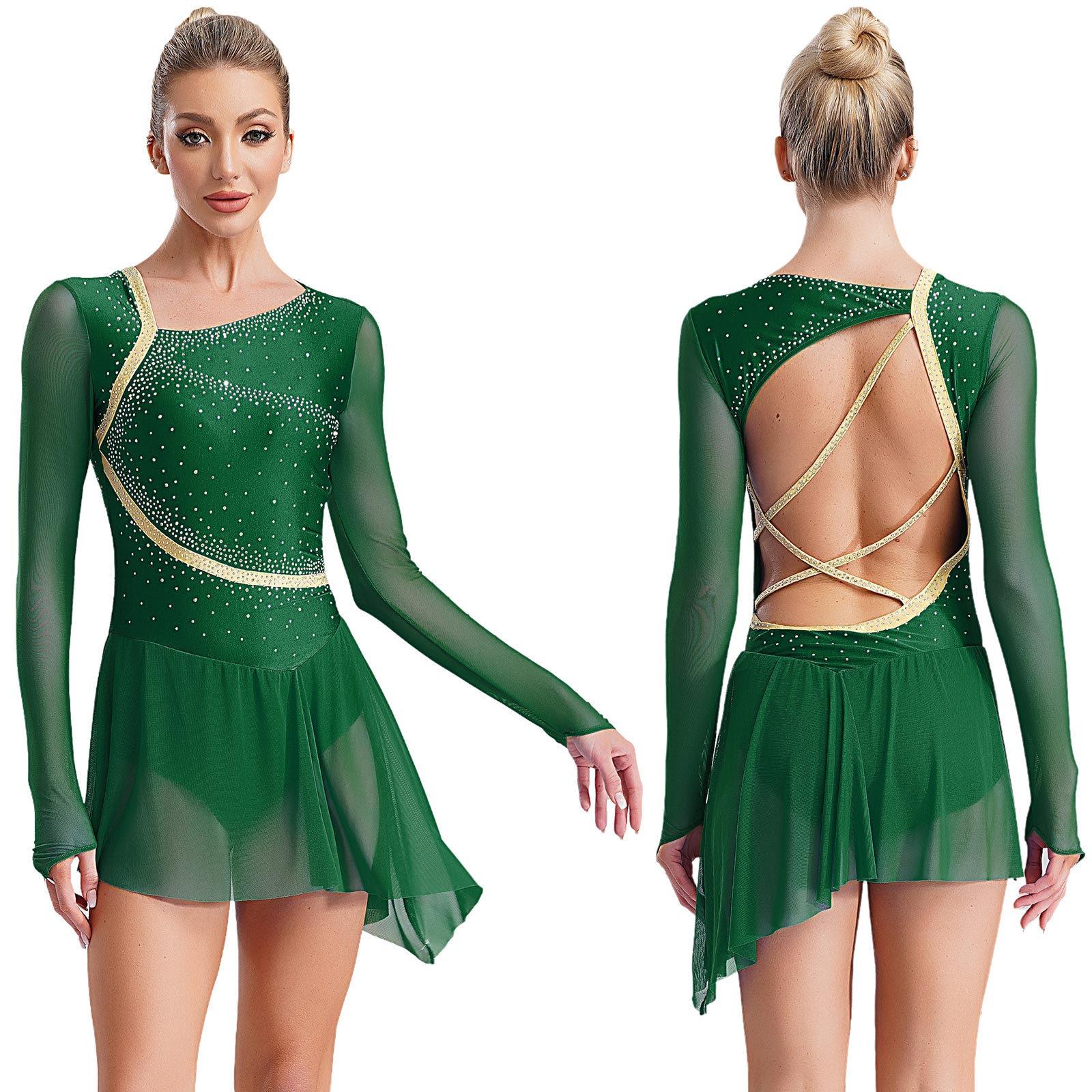 Damen Mädchen Modern Lyrical Ballet Tanzkleid Langarm Gymnastik Akrobatik Eiskunstlauf Trikots Cut Out Back Kleid M grün von Joom DACH