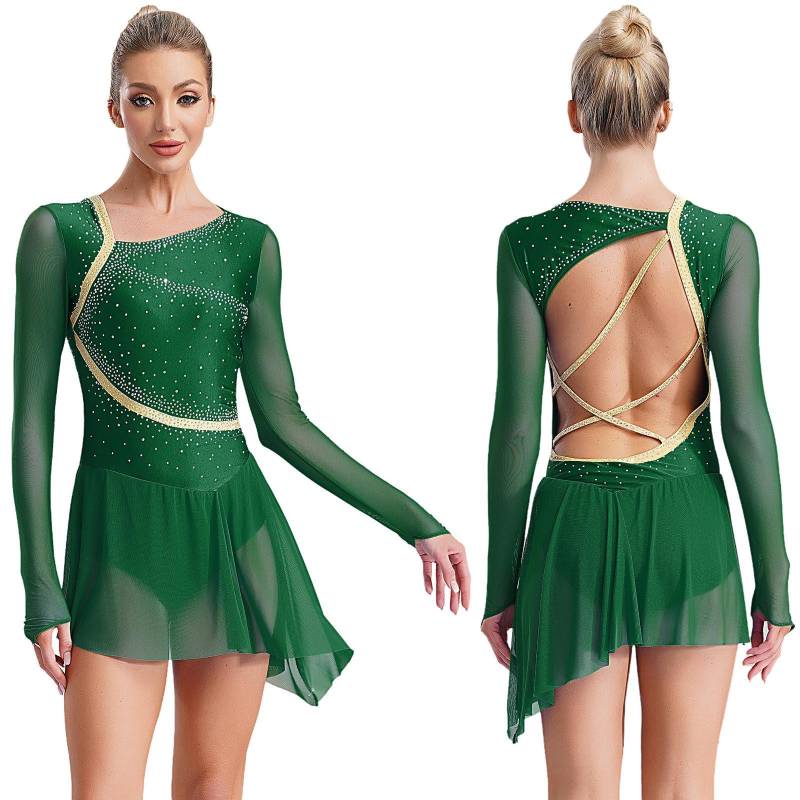 Damen Mädchen Modern Lyrical Ballet Tanzkleid Langarm Gymnastik Akrobatik Eiskunstlauf Trikots Cut Out Back Kleid M grün von Joom DACH